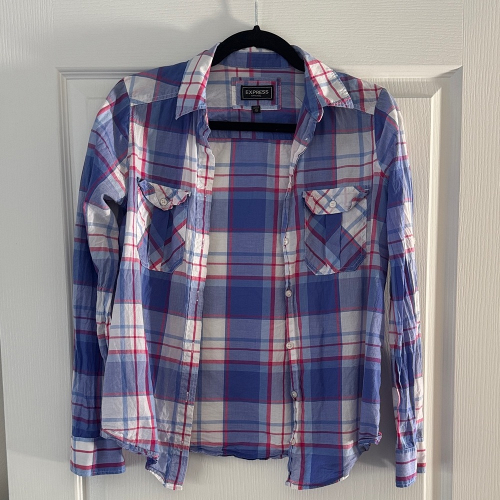 Express Casual Blue and Pink Plaid Shirt